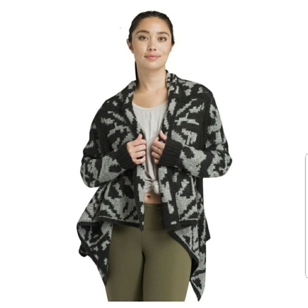 PRANA Alberta Reversible Sweater Wool Blend Black and Gray Open Drape Front Sz M